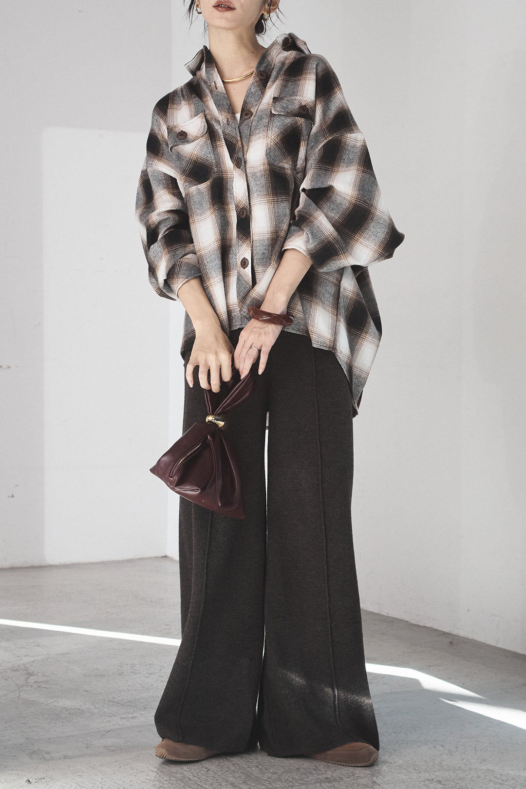 [SET]オンブレーチェックビッグシルエットCPOシャツ+センターラインニットパンツ(2set)