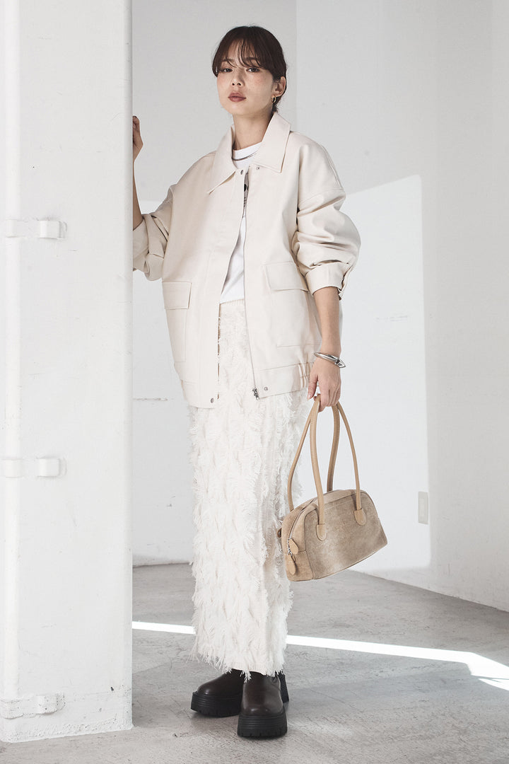 [SET]レザーライクオーバーサイズブルゾン+カットフリンジニットタイトスカート(2set)