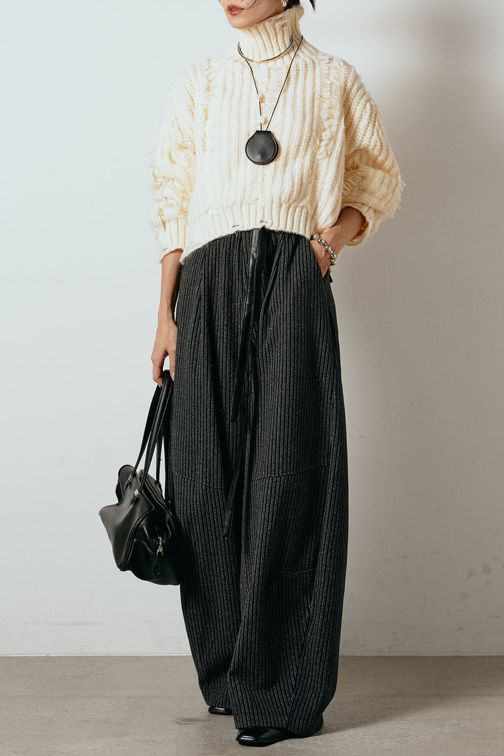 [SET]フリンジタートルショートニット+レザーライク配色ストライプパンツ(2set)