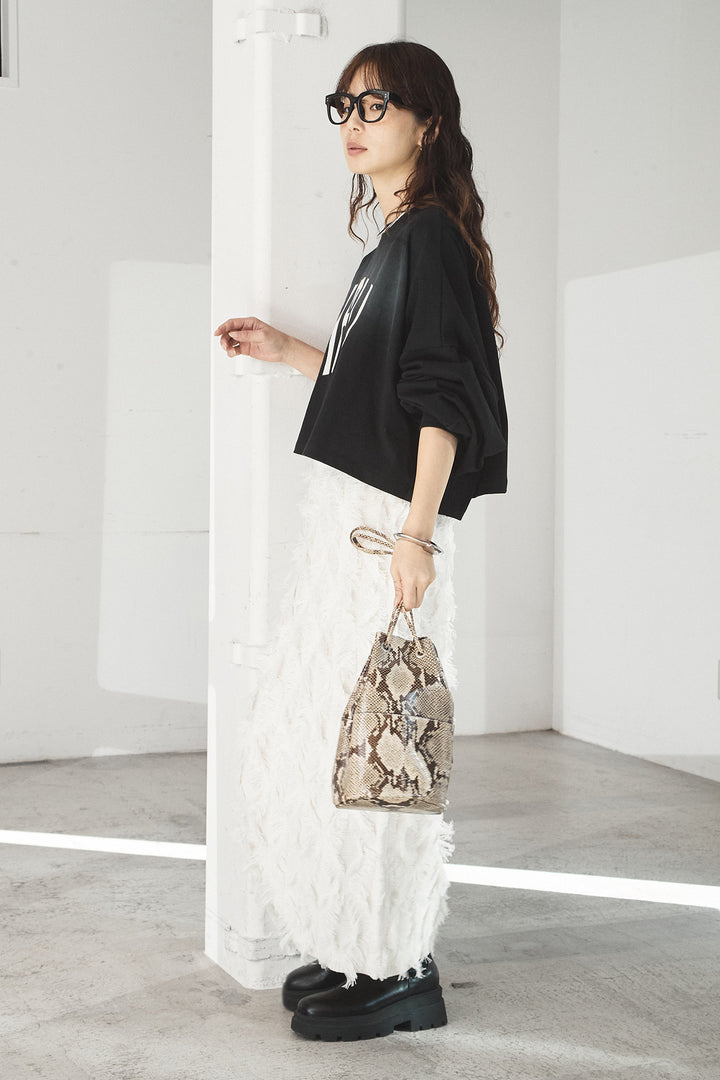 [SET]ビッグロゴHRU袖ボリュームトップス+カットフリンジニットタイトスカート(2set)