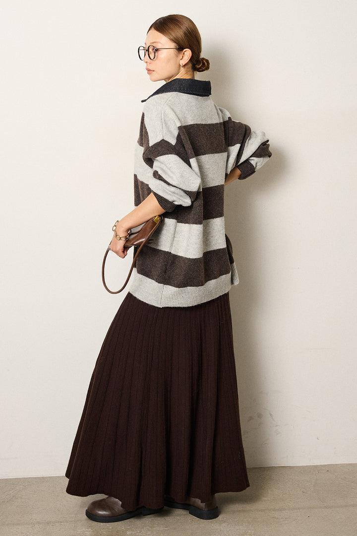 [SET]デニムカラーボーダールーズニット+編み地切り替えフレアニットスカート(2set)