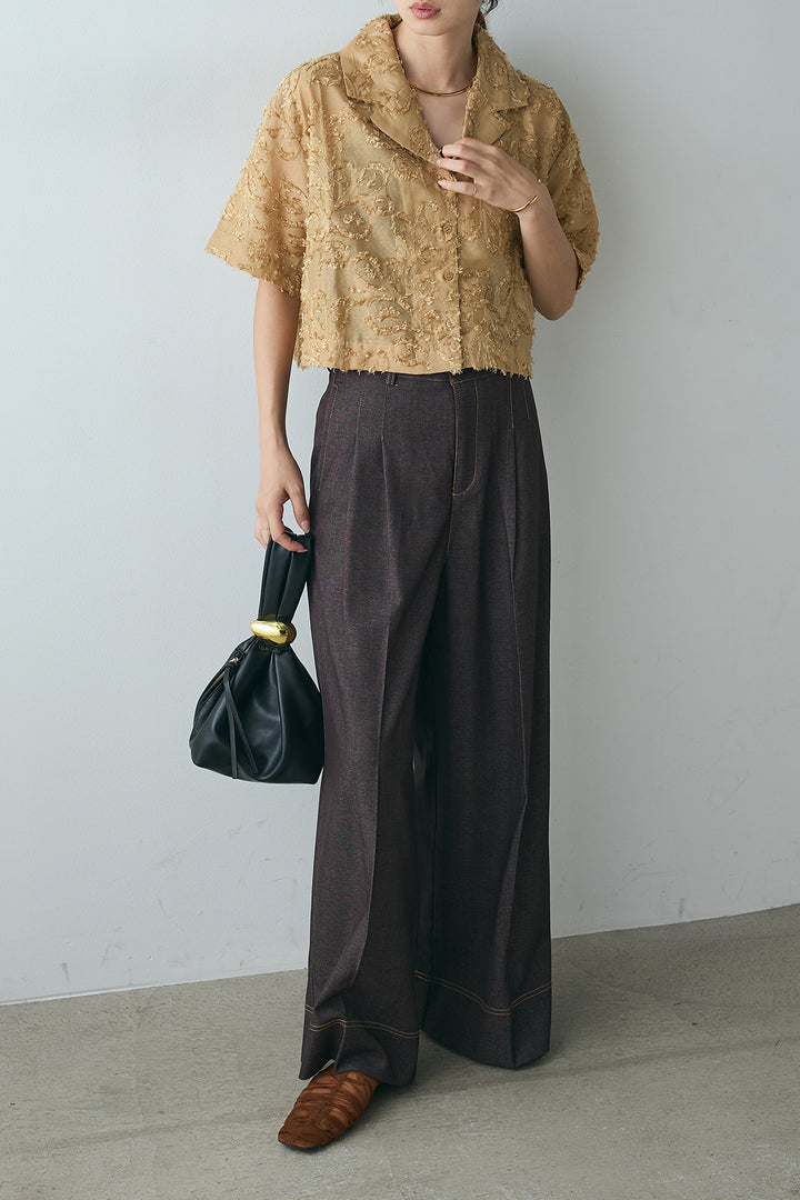 [SET]半袖オープンカラージャガード柄シャツ+ステッチデザインベルトワイドパンツ(2set)