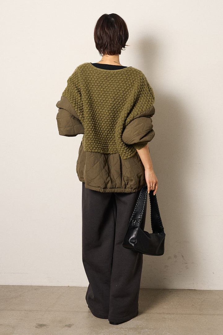 [SET]アラン編みニットノーカラー裾キルティングブルゾン+裏起毛スウェットワイドパンツ(2set)