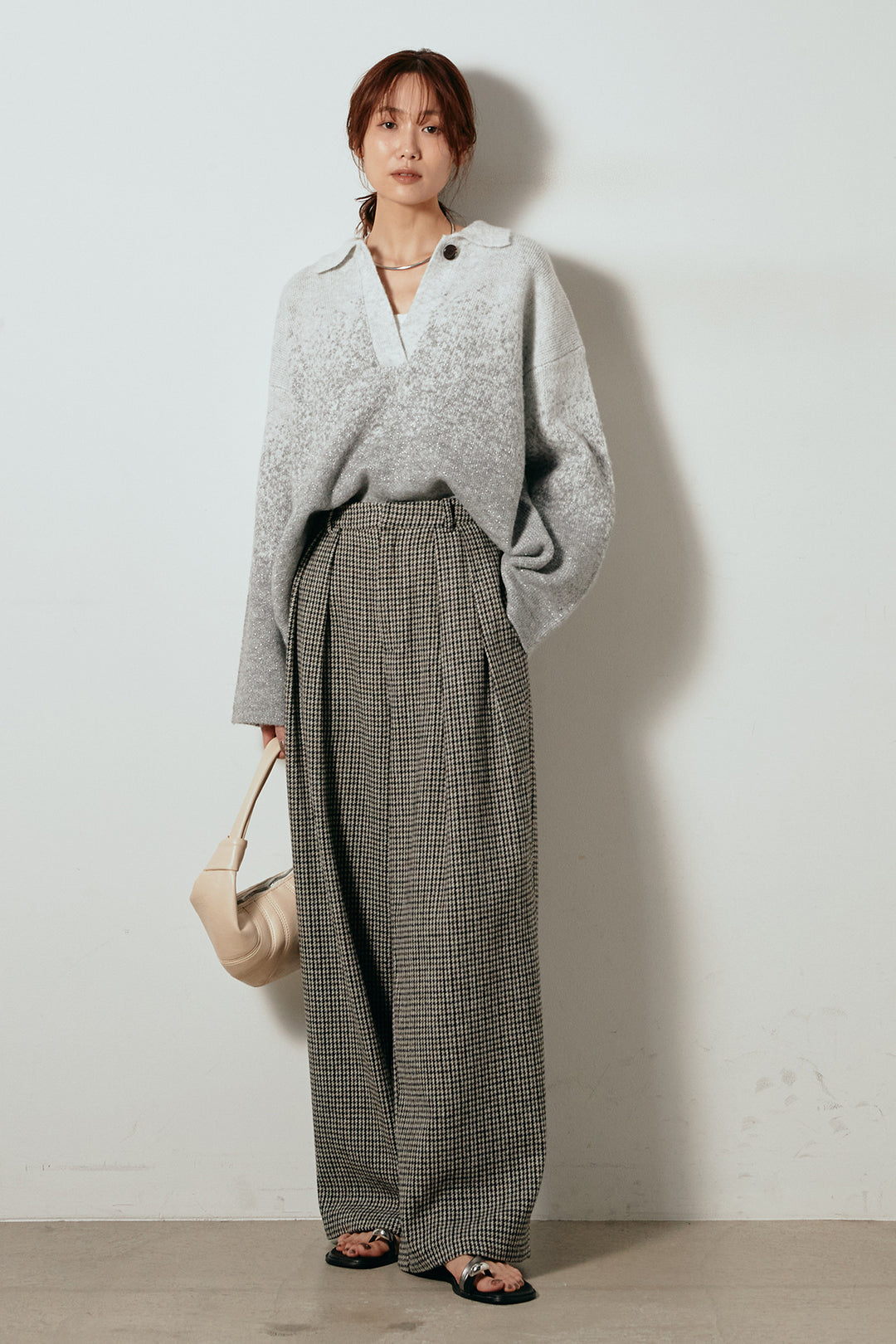 [SET]グラデーションラメニットキーネックプルオーバー+ガンクラブチェックタックパンツ(2set)