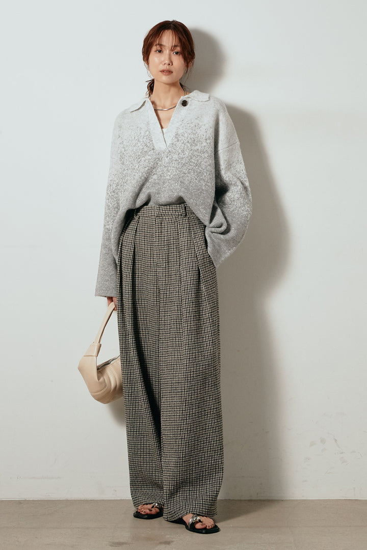 [SET]グラデーションラメニットキーネックプルオーバー+ガンクラブチェックタックパンツ(2set)