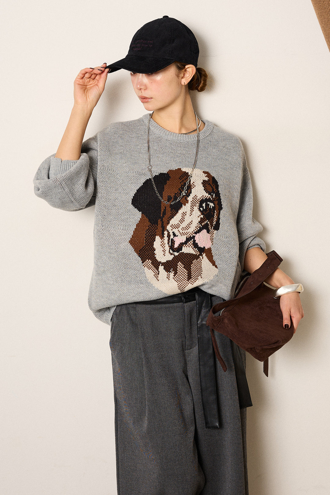 [SET]アニマルジャガード柄ニットトップス+巻ベルトウエストレザーライクワイドパンツ(2set)