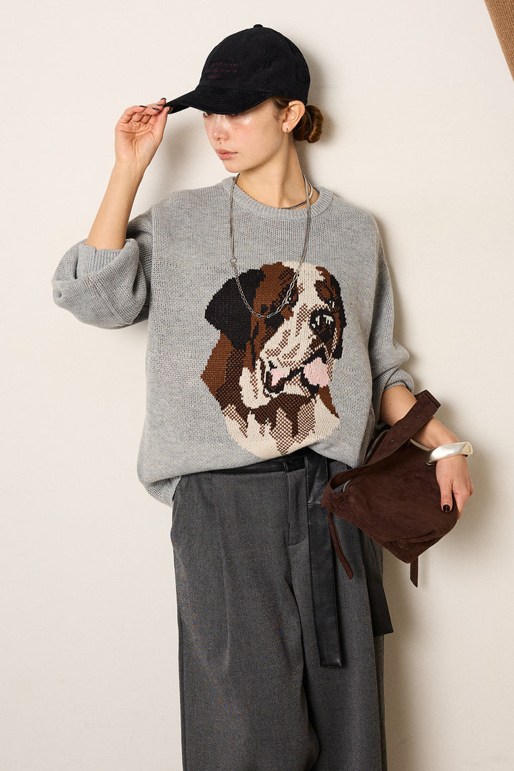 [SET]アニマルジャガード柄ニットトップス+巻ベルトウエストレザーライクワイドパンツ(2set)