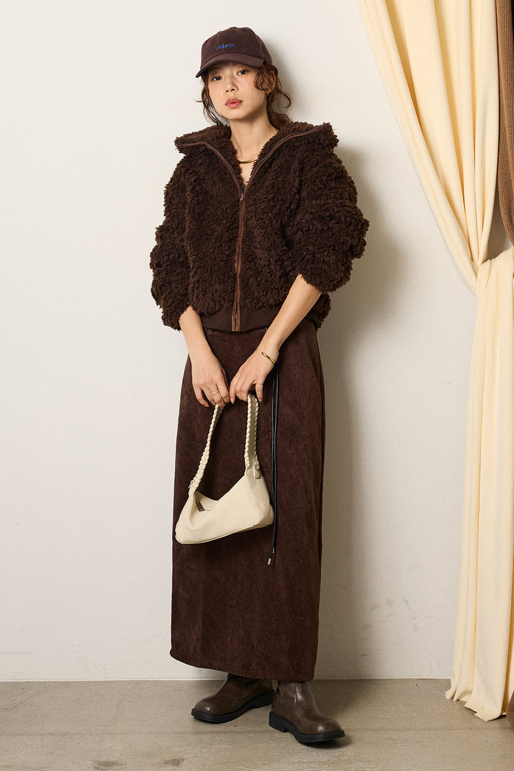 [SET]スタンドカラー裾リブボアブルゾン+ロープベルト付きスウェード調スカート(2set)