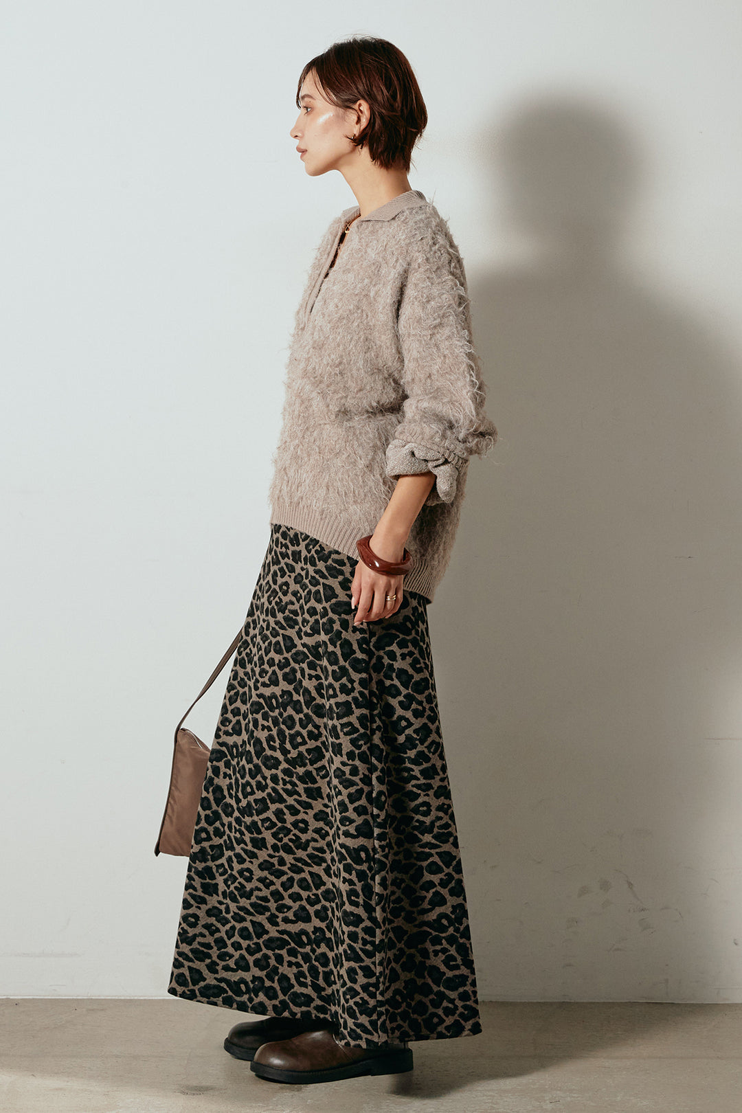 [SET]襟付きシャギーニットポロトップス+レオパードロングスカート(2set)