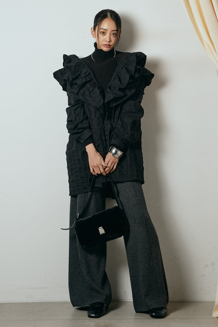 [SET]Vネックフリルカラーブラウス+リブニットシームレスタートルプルオーバー+センターラインニットパンツ(3set)