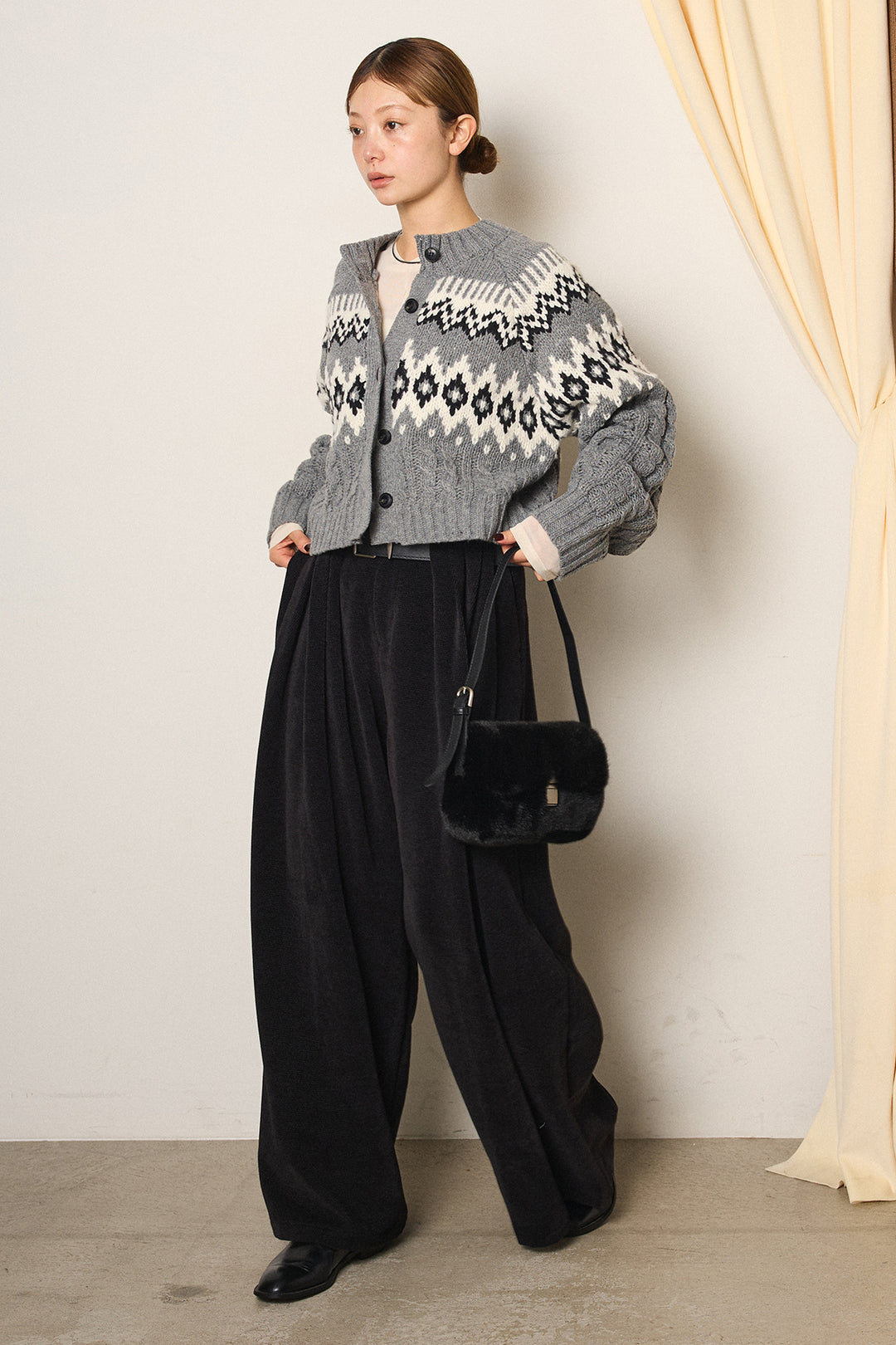 [SET]2WAY求心柄ジャガードショートカーディガン+ベルトループコーデュロイワイドパンツ(2set)