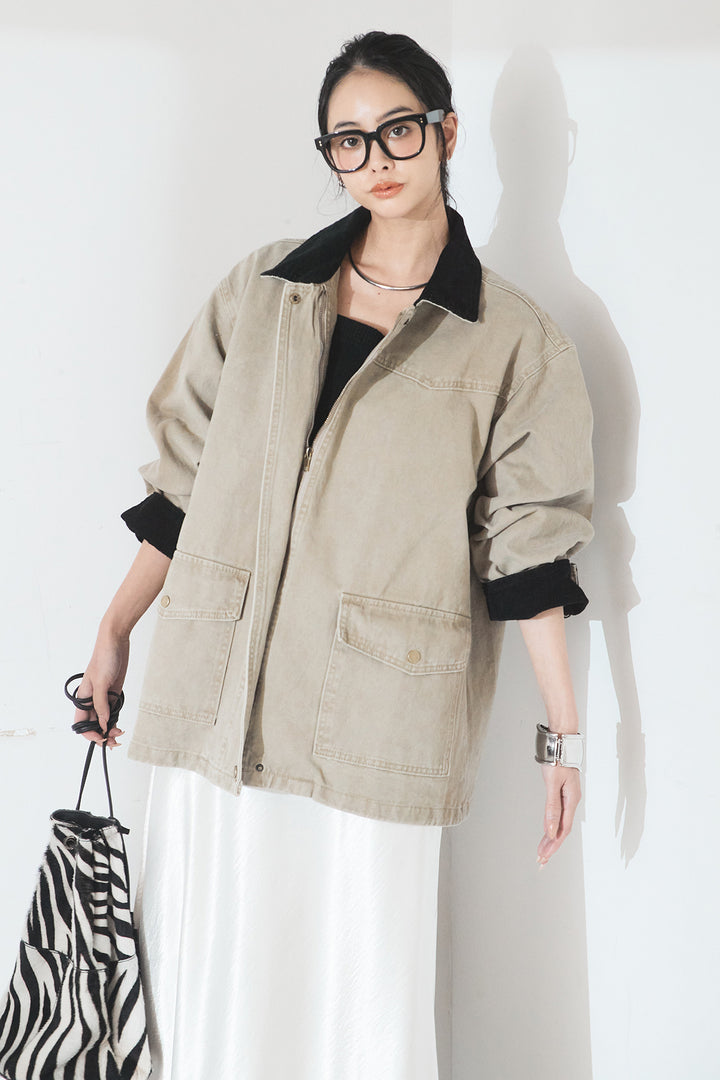 [SET]襟コーデュロイデザインデニム調カバーオール+裾レースデザインサテンスカート(2set)