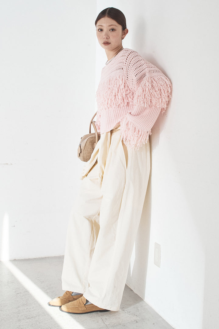 [SET]メッシュフリンジ切り替えプルオーバー+合繊ツイルスタンドウエスト巻きジョガーパンツ(2set)