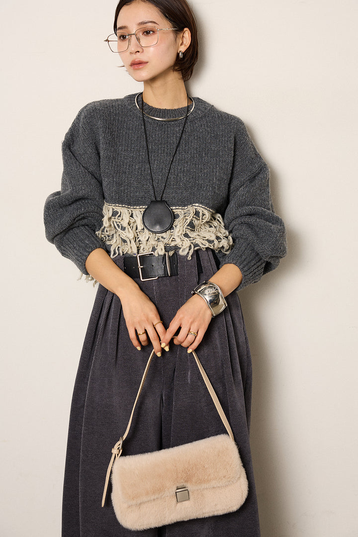 [SET]ループ編み切り替えニットプルオーバー+ベルトループコーデュロイワイドパンツ(2set)