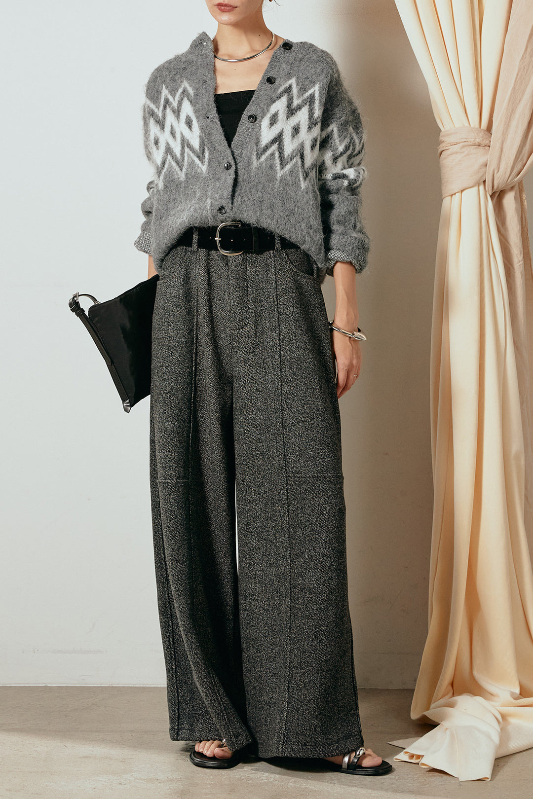 [SET]起毛ノルディック柄ニットカーディガン+太ベルト付きツイードワイドパンツ(2set)