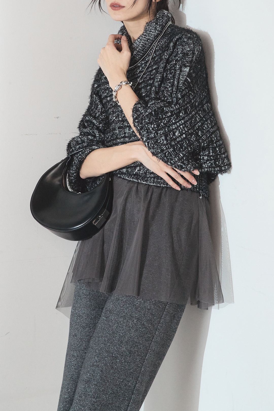 [SET]ミックス編みドルマンニットトップス+チュールレイヤードニットパンツ(2set)