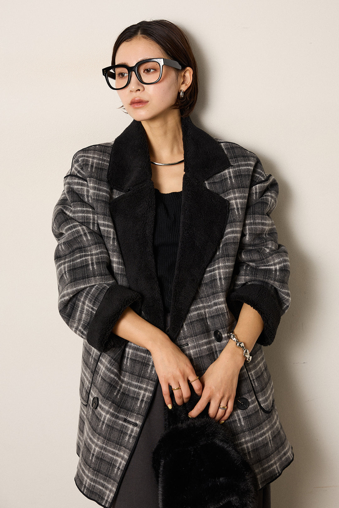 [SET]裏地ボアタータンチェック柄ミディアムコート+裏起毛スウェットワイドパンツ(2set)