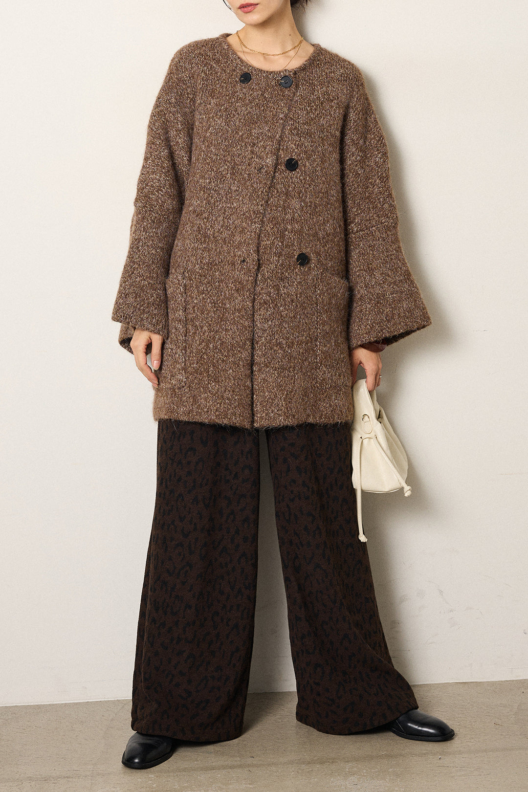 [SET]アシンメトリーボタンニットカーディガン+レオパードジャガードニットパンツ(2set)
