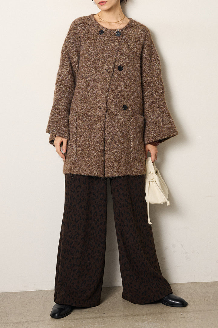 [SET]アシンメトリーボタンニットカーディガン+レオパードジャガードニットパンツ(2set)