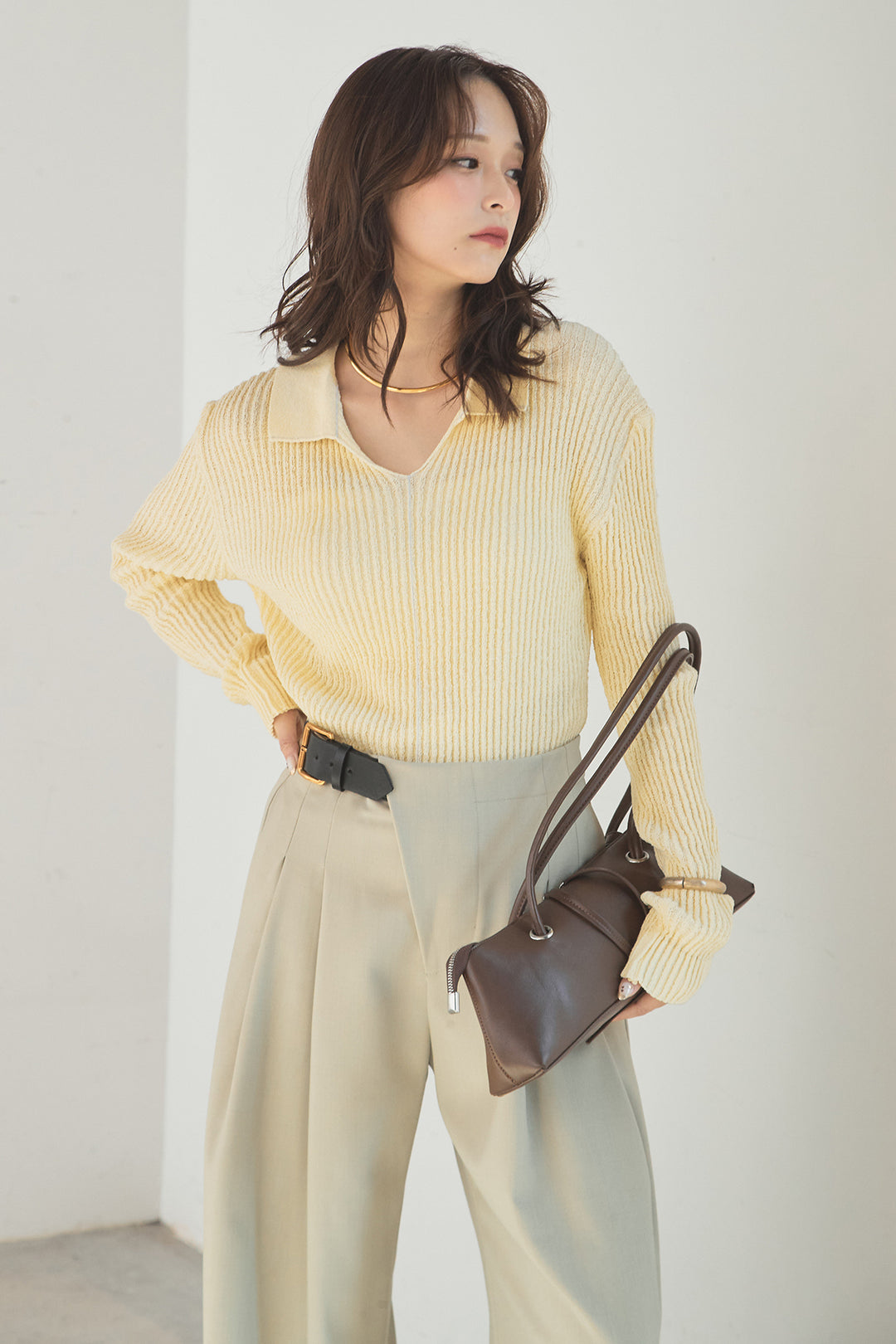 [SET]衿付きニットプルオーバー+サイドベルトタック入りスラックス(2set)