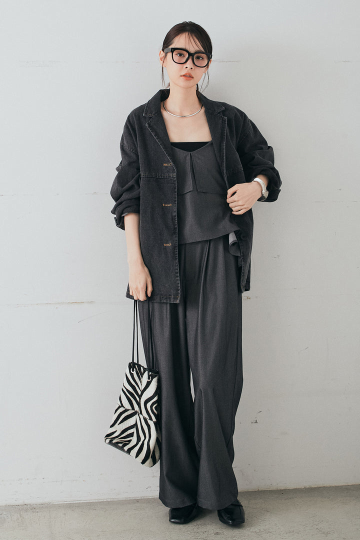 [SET]オーバーデニムジャケット+デニムライクツイルタックパンツ+デニムライクツイルティアードキャミソール(3set)