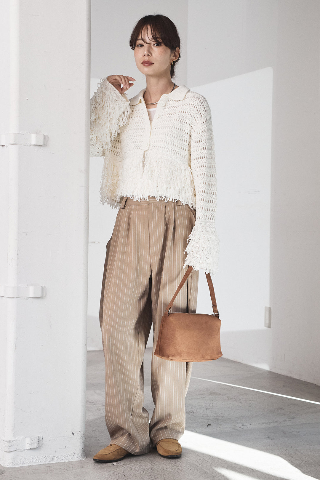 [SET]メッシュフリンジカーディガン+ヘリンボーンストライプツータックパンツ(2set)