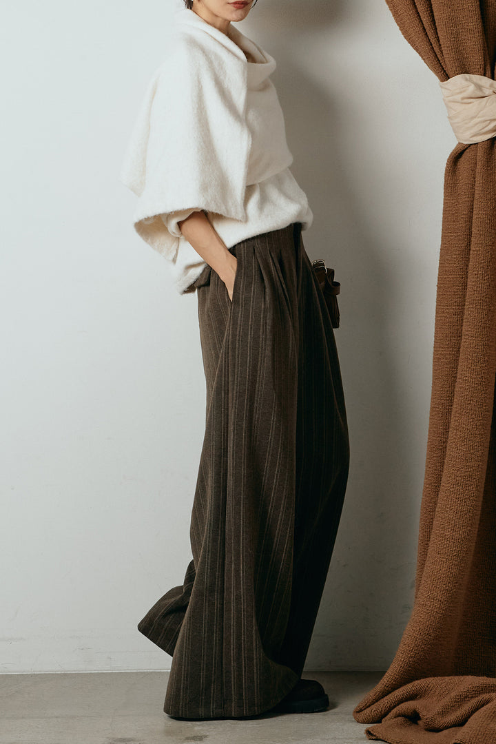 [SET]ネック巻きデザインニットトップス+タック入りマルチストライプ柄ワイドパンツ(2set)