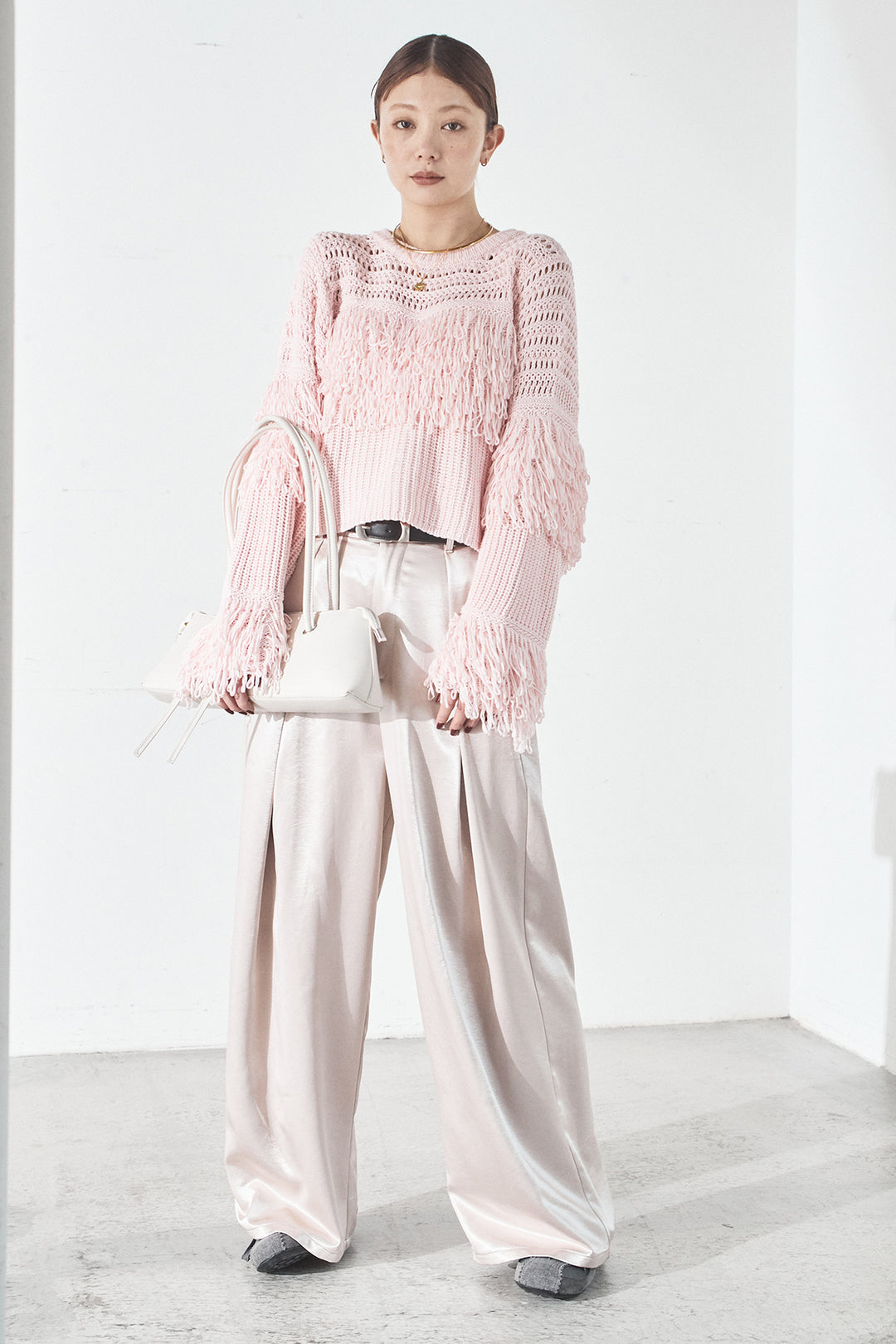 [SET]メッシュフリンジ切り替えプルオーバー+サテンタックワイドパンツ(2set)