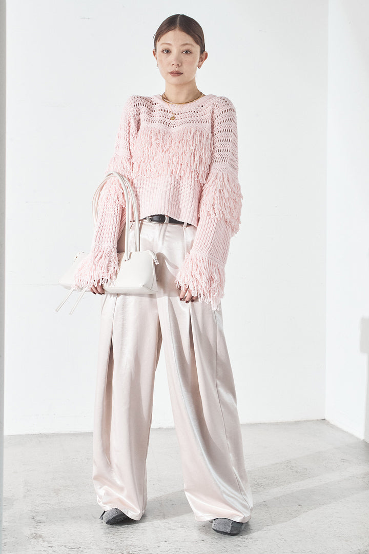 [SET]メッシュフリンジ切り替えプルオーバー+サテンタックワイドパンツ(2set)
