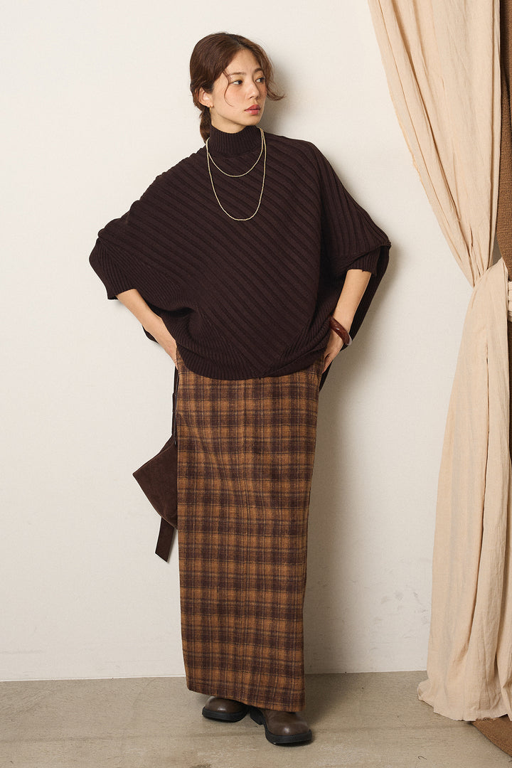 [SET]アシメデザインリブポンチョニットトップス+シャギーチェックストレートスカート(2set)