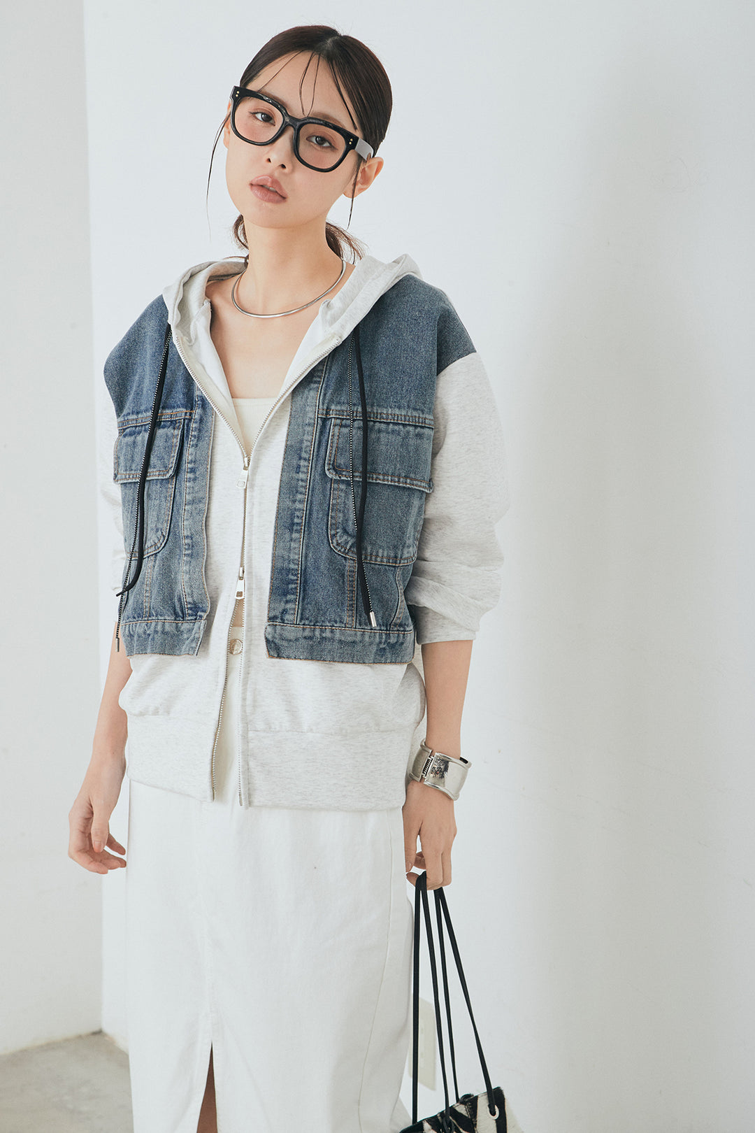 [SET]デニム切替ポンチダブルジップパーカー+裾レースデザインデニムスカート(2set)