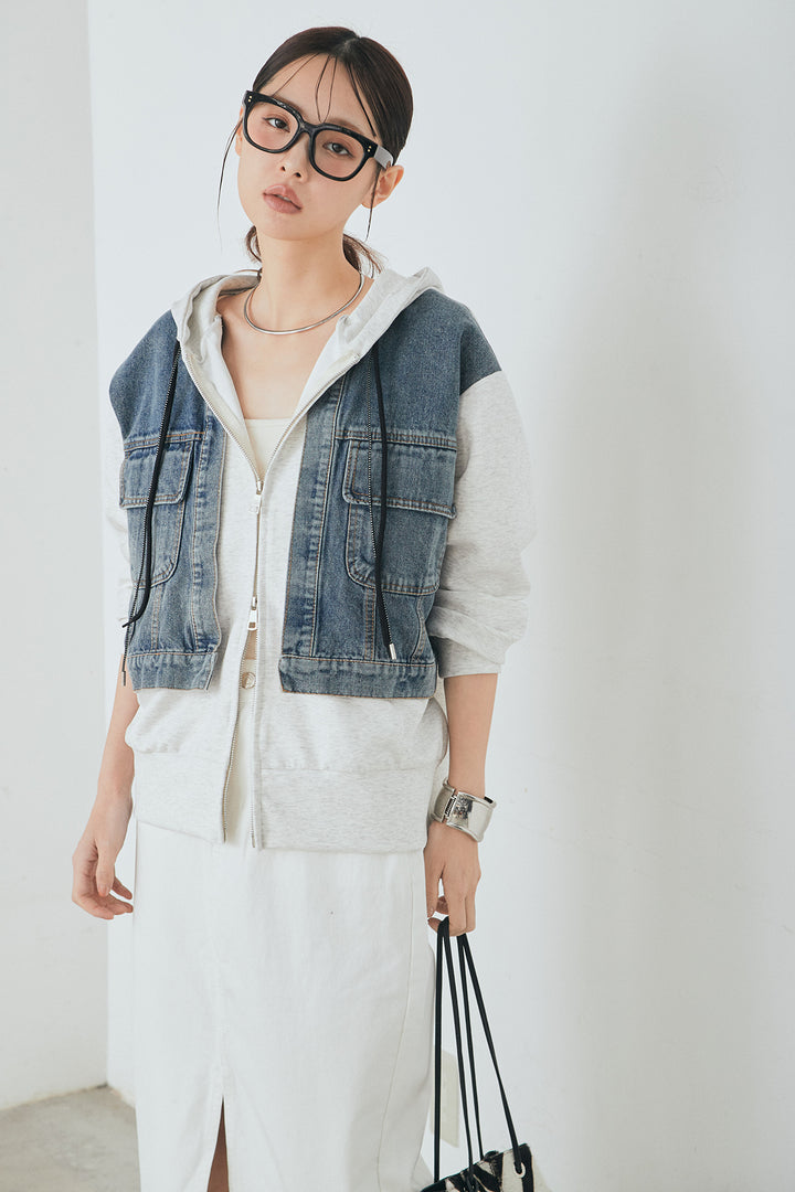 [SET]デニム切替ポンチダブルジップパーカー+裾レースデザインデニムスカート(2set)