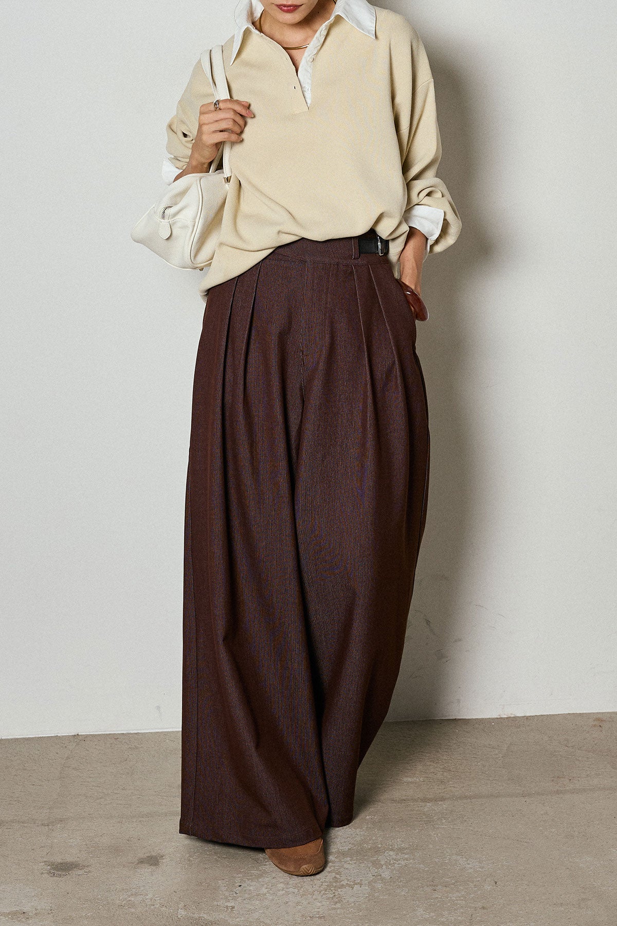 SET]襟付きポロトップス+ウエストベルト付きタックワイドパンツ