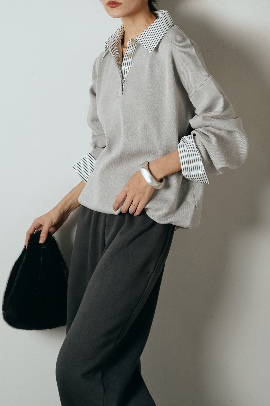 [SET]ストライプシャツドッキングポロトップス+裏起毛スウェットワイドパンツ(2set)