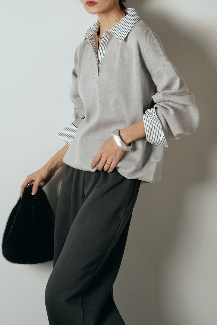 [SET]ストライプシャツドッキングポロトップス+裏起毛スウェットワイドパンツ(2set)