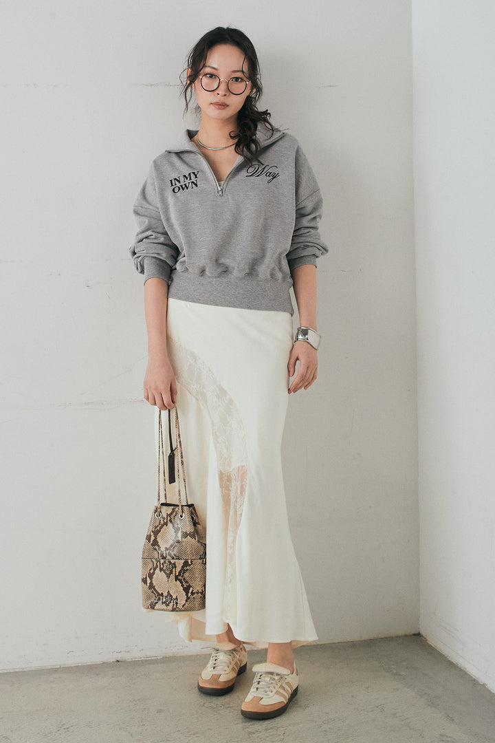 [SET]裏毛ロゴ刺繍ハーフZIPスウェット+刺繍レースデザインサテンスカート(2set)