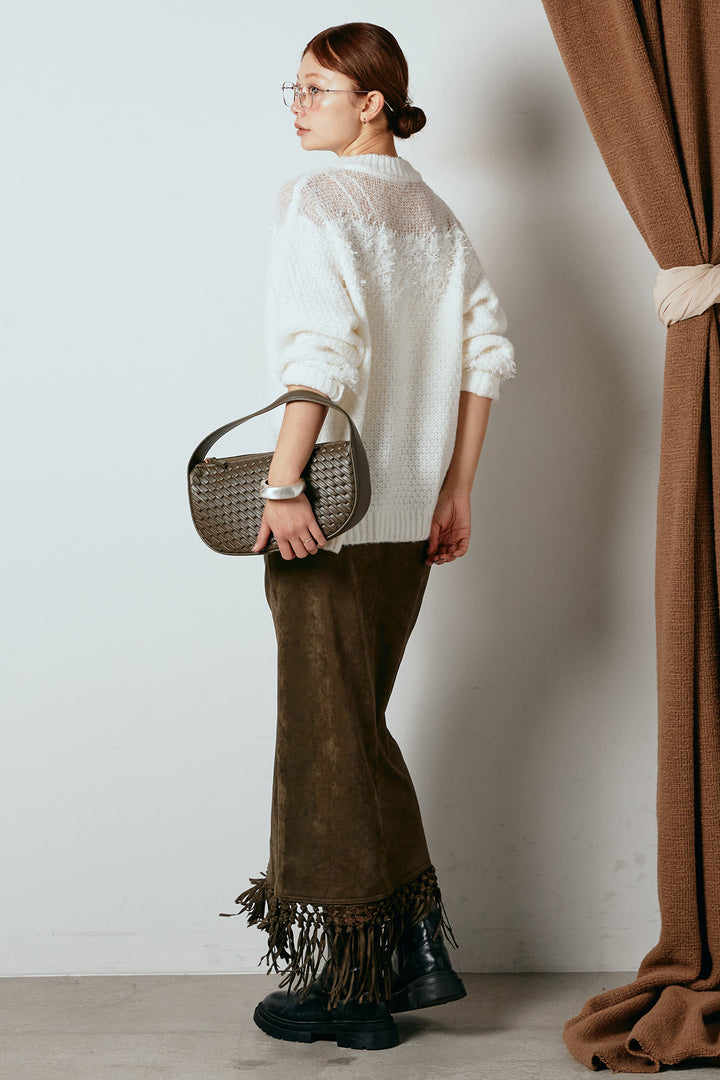 [SET]パターンランダム編みニットトップス+スウェードライク裾フリンジスカート(2set)