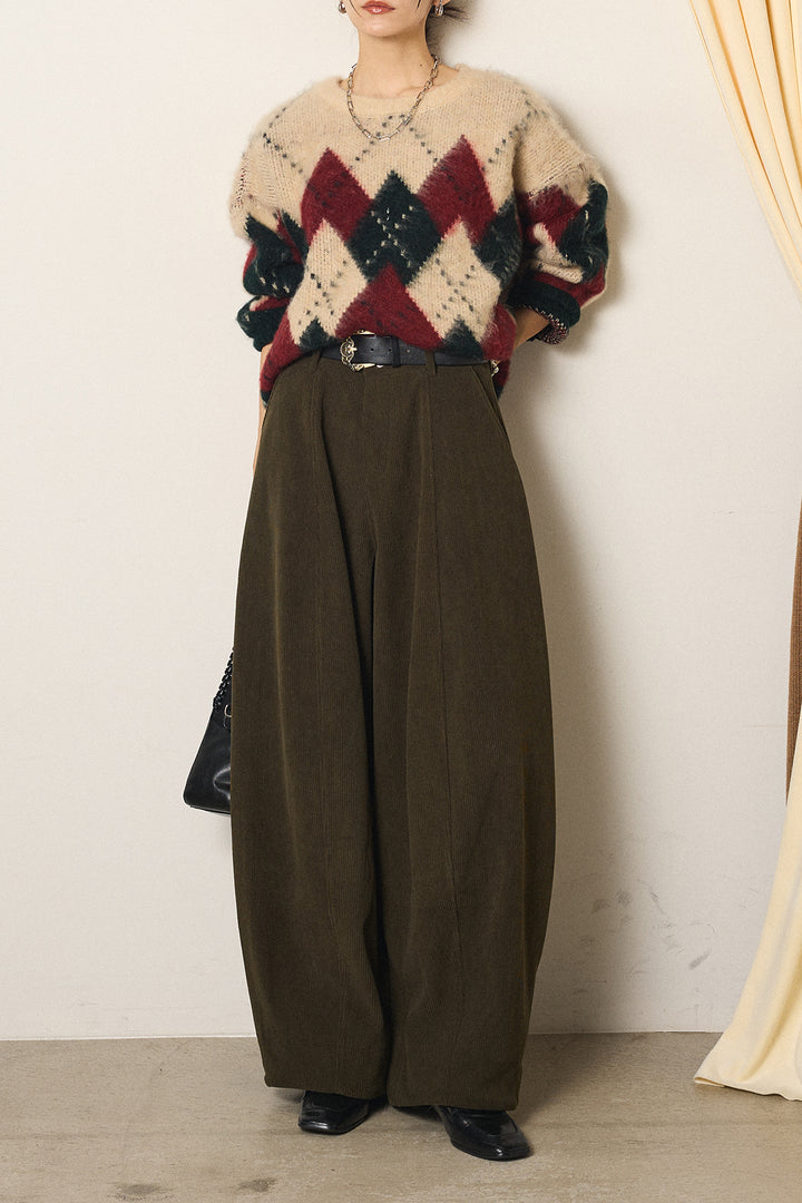[SET]配色アーガイル柄ニットトップス+ベルト付きコーデュロイワイドパンツ(2set)