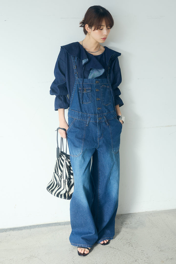 [SET]デニムフリルブラウス+デニムサロペットワイドパンツ(2set)