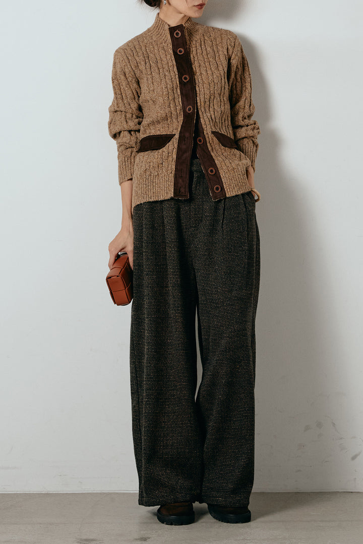 [SET]ボトルネックケーブルニットカーディガン+起毛タック入りツイードワイドパンツ(2set)