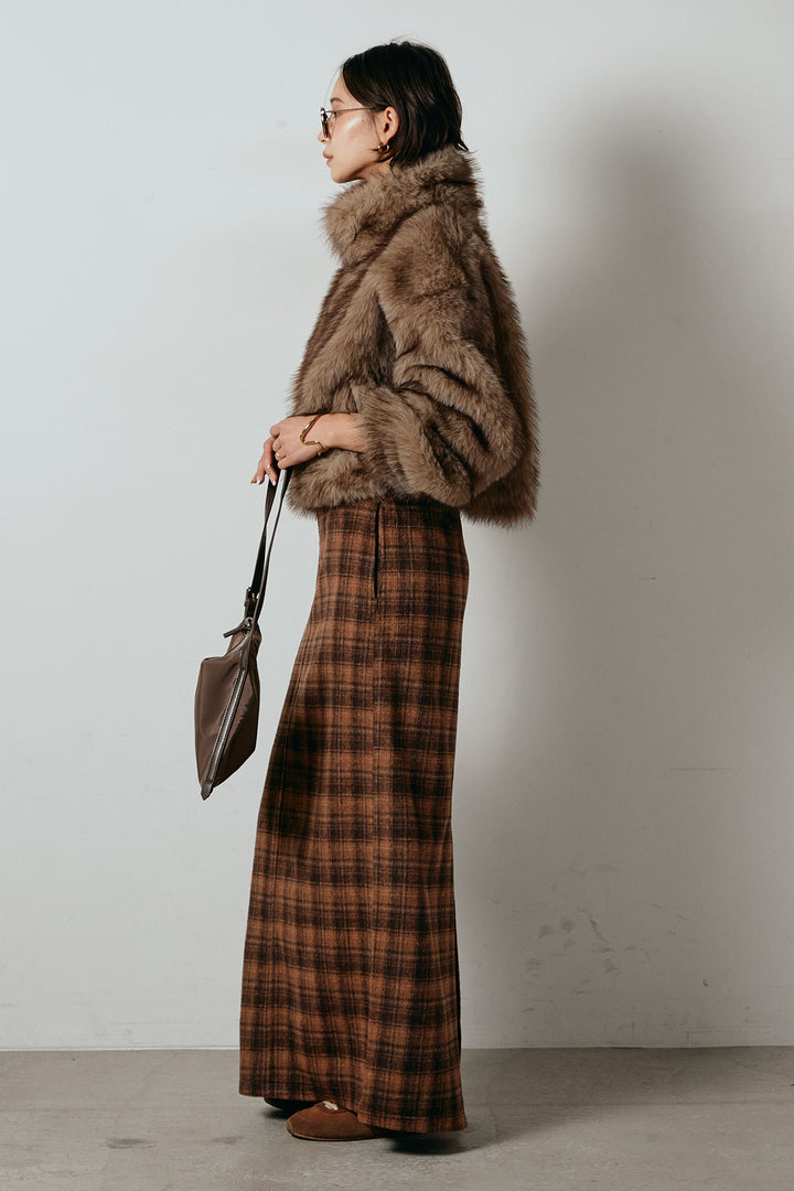 [SET]エコファーショート丈ブルゾン+シャギーチェックストレートスカート(2set)