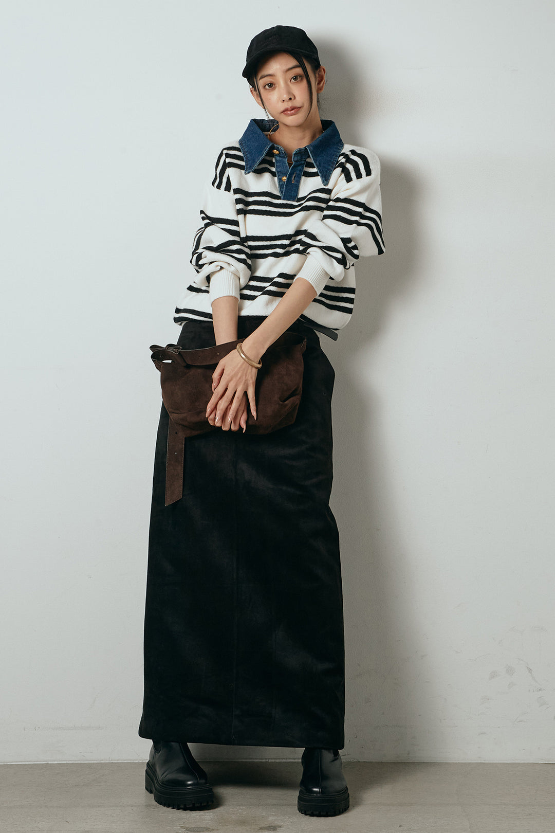 [SET]デニムレイヤード風ランダムボーダーニットプルオーバー+エコスウェードワイドスカート(2set)