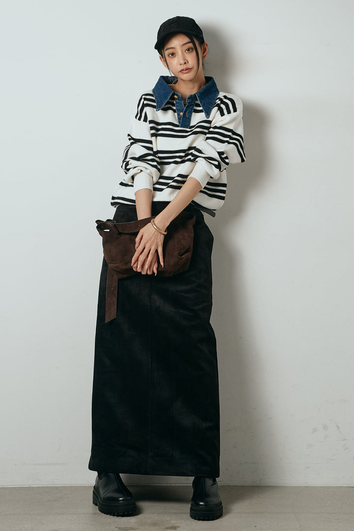 [SET]デニムレイヤード風ランダムボーダーニットプルオーバー+エコスウェードワイドスカート(2set)