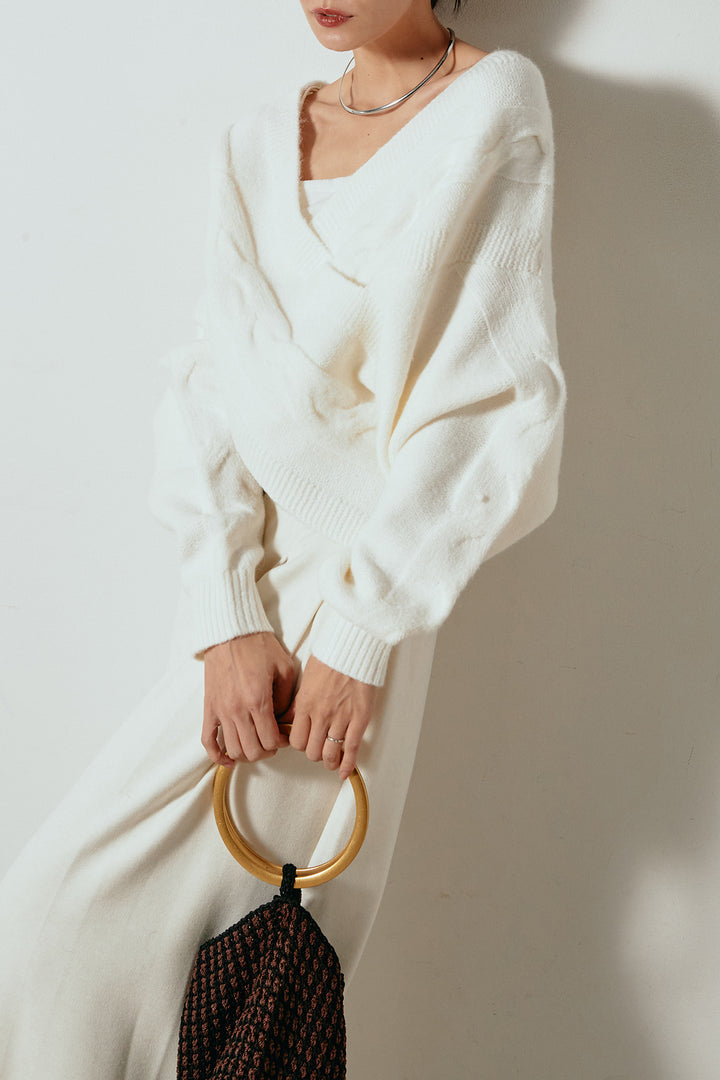 [SET]ケーブルカシュクールニットトップス+フェイクレザー太ベルト付きタックワイドパンツ(2set)