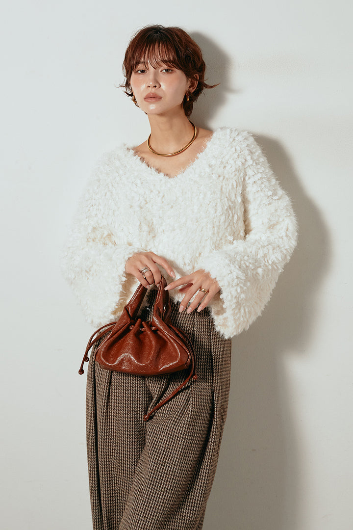 [SET]深Vネックチョウチョヤーンニットトップス+ガンクラブチェックタックパンツ(2set)