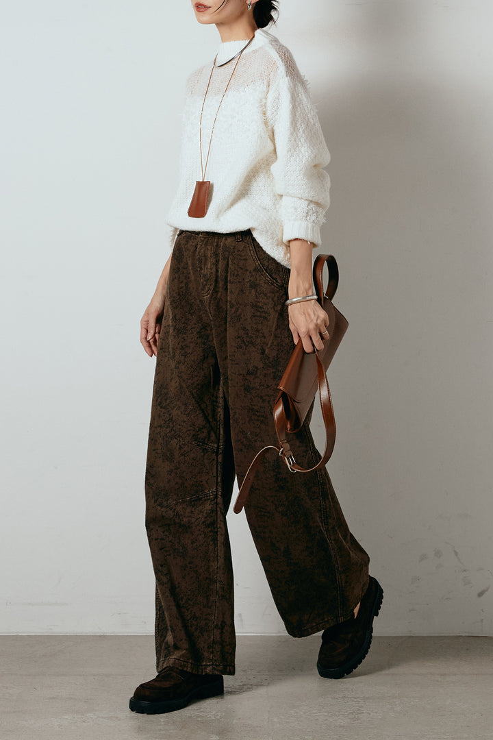 [SET]パターンランダム編みニットトップス+ベルト付きニュアンス柄カーブワイドパンツ(2set)