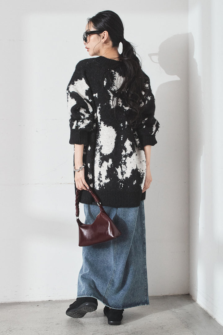 [SET]アブストラクト柄ニットプルオーバー+フロントジップデニムスカート(2set)