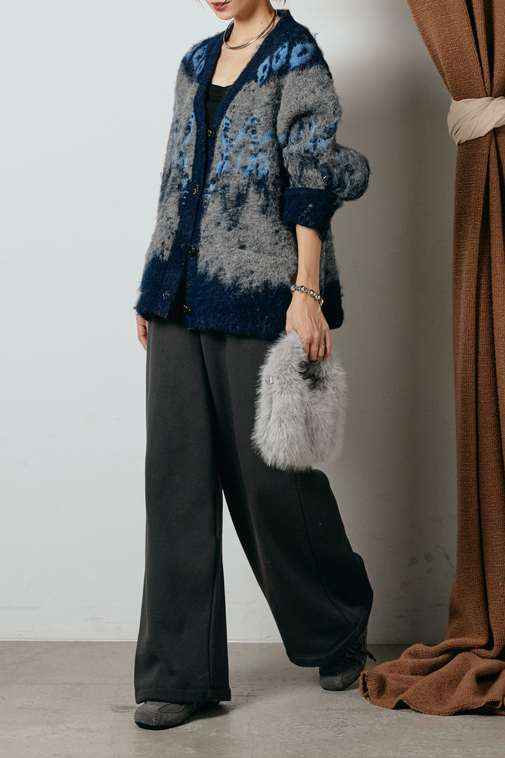 [SET]シャギーニュアンス柄ニットカーディガン+裏起毛スウェットワイドパンツ(2set)