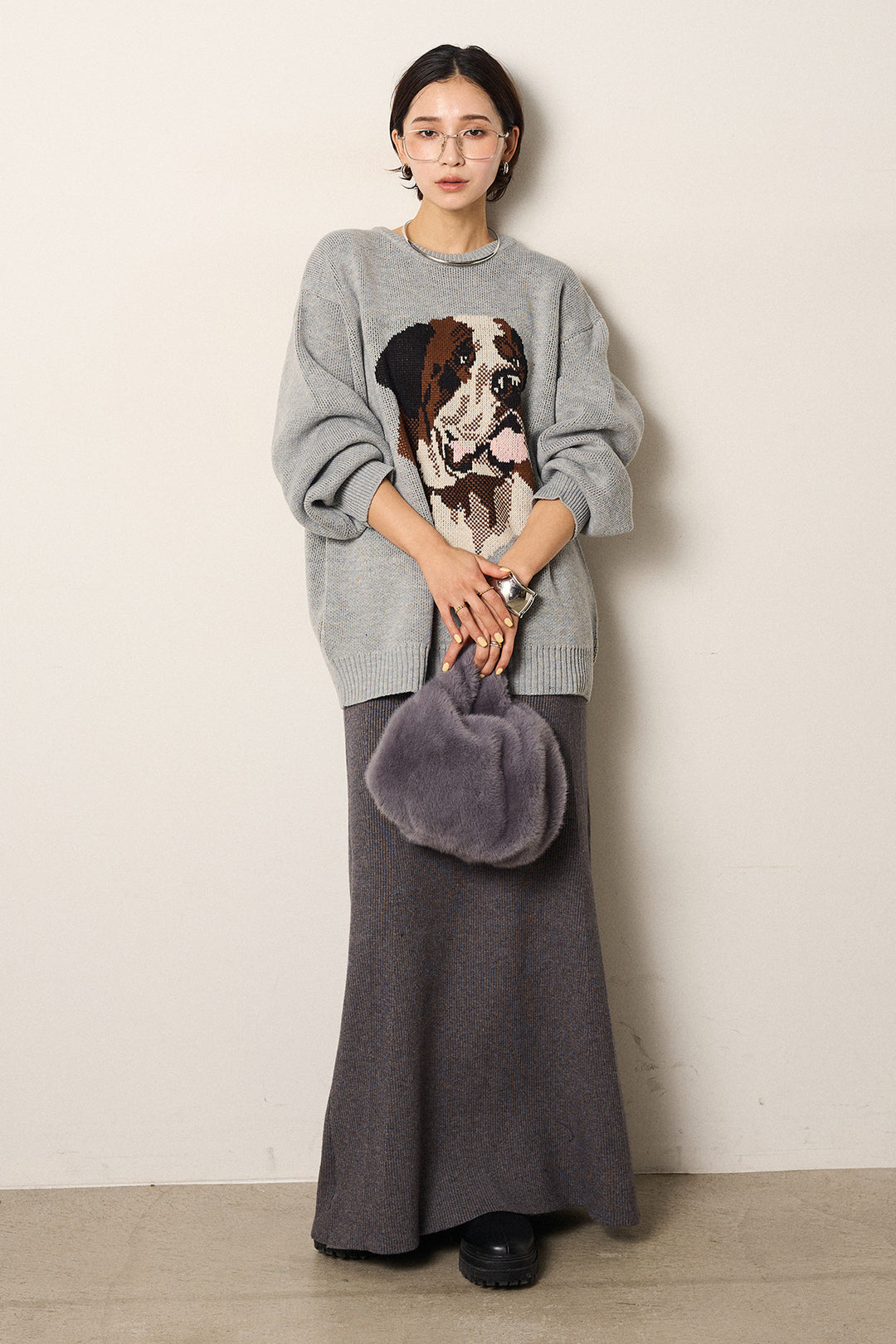 [SET]アニマルジャガード柄ニットトップス+リブナローニットスカート(2set)