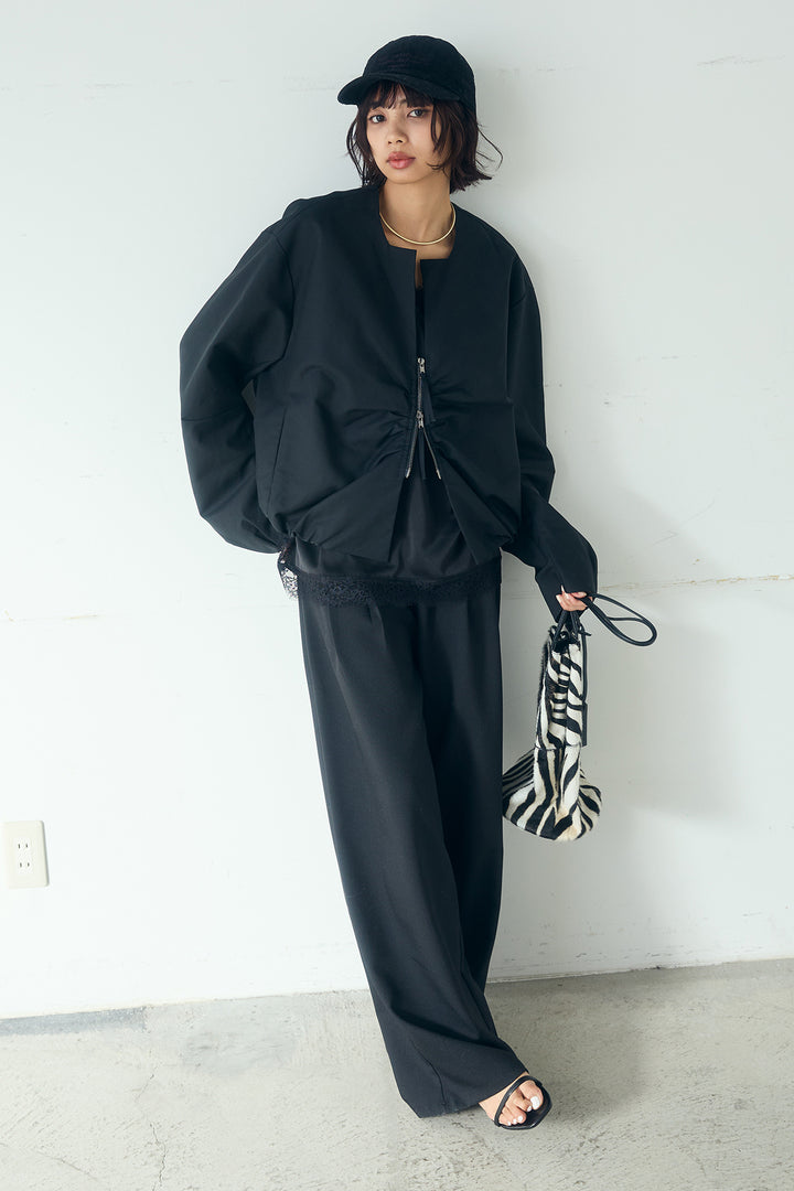 [SET]ノーカラーフロントギャザージップアウター+ブロード切り替えぺプラムタンク(2set)